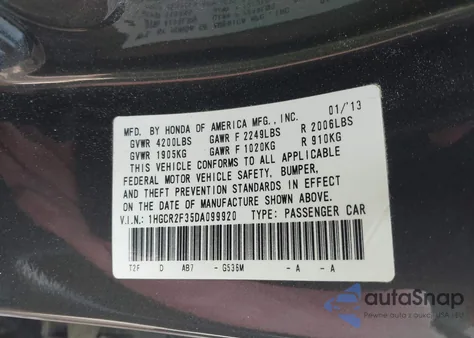 2013 Honda Accord Lx z USA, uszkodzony, nr VIN 1HGCR2F35DA099920